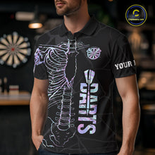 Load image into Gallery viewer, Man wearing personalized holographic funny skeleton darts team jersey polo shirt featuring holographic skeleton artwork, front view.