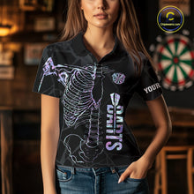 Load image into Gallery viewer, Woman wearing personalized holographic funny skeleton darts team jersey polo shirt featuring holographic skeleton artwork, front view.