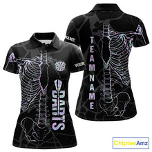 Load image into Gallery viewer, Personalized holographic funny skeleton darts team jersey polo shirt for women featuring vibrant holographic skeleton artwork, premium custom darts league apparel and unique darts gifts.