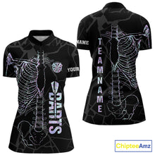 Load image into Gallery viewer, Personalized holographic funny skeleton darts team jersey quarter zip shirt for women featuring colorful holographic skeleton graphics, premium custom darts apparel.
