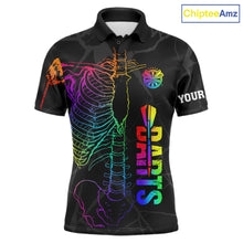 Load image into Gallery viewer, Colorful rainbow funny skeleton darts team jersey polo shirt for men featuring a vibrant rainbow skeleton design, premium custom darts league apparel and unique darts gifts.