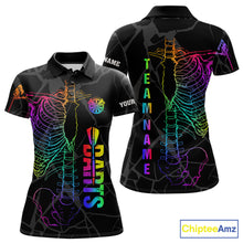 Load image into Gallery viewer, Colorful rainbow funny skeleton darts team jersey polo shirt for women featuring a vibrant rainbow skeleton design, premium custom darts league apparel and unique darts gifts.