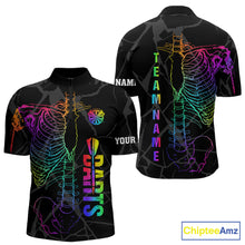 Load image into Gallery viewer, Colorful rainbow funny skeleton darts team jersey quarter zip shirt for men featuring colorful rainbow skeleton artwork, premium custom darts apparel.