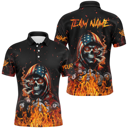 Funny Skull US Flag Fire Custom Billiard Shirts For Men, Patriotic Billiard Jerseys Apparel TDM2240
