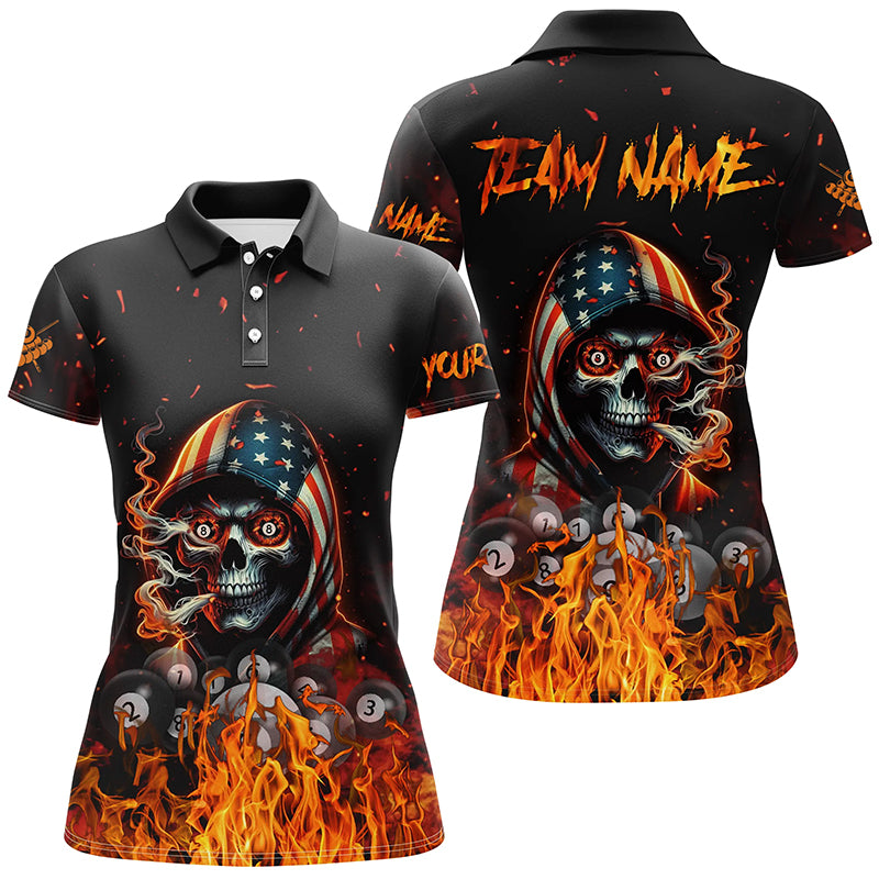 Funny Skull US Flag Fire Custom Billiard Shirts For Women, Patriotic Billiard Jerseys Apparel TDM2240