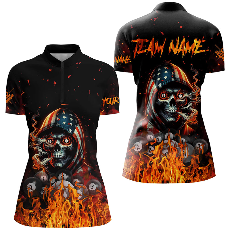 Funny Skull US Flag Fire Custom Billiard Shirts For Women, Patriotic Billiard Jerseys Apparel TDM2240