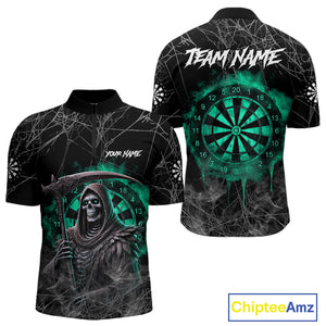Black And Turquoise Smoke Grim Reaper Dart Shirts For Men Custom Halloween Darts Jersey Outfit TDM4590