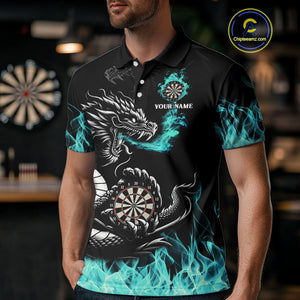 Personalized Turquoise Flaming Dragon Darts Shirt For Men Custom Darts Team Jersey Polo & 1/4 Zip TDM4592