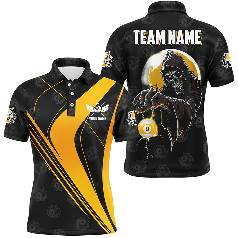 Customized Yellow Black Death Skeleton 9 Ball Billiard Shirts For Men, 9 Ball Pool Team Jerseys TDM2502