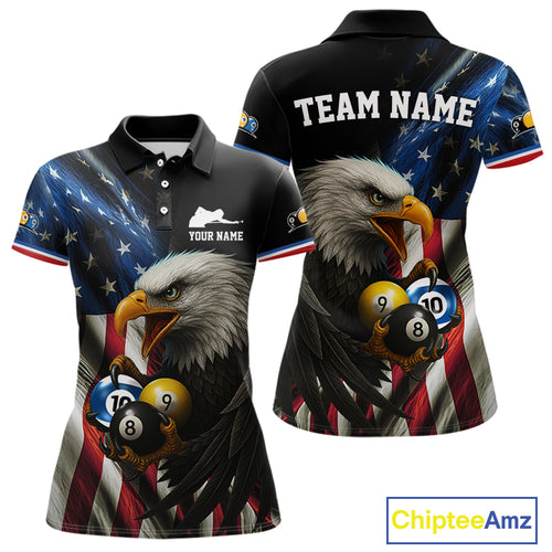 Personalized American Flag Eagle Pool Jersey For Women Custom Billiard 8, 9 & 10 Ball Team Shirt TDM5013
