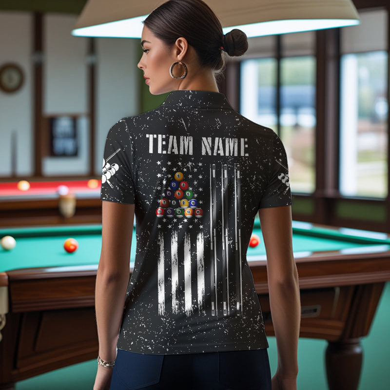 Personalized Black Grunge US Flag Billiard Balls Polo, 1/4 Zip For Women, 8 Ball Pool Billiard Jersey TDM3573