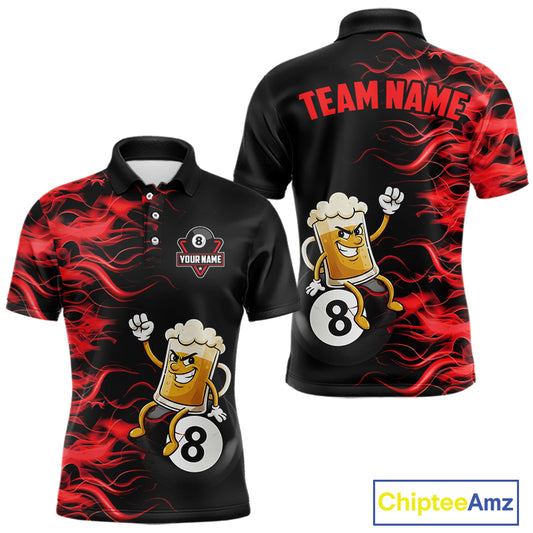 Red Flaming Funny Beer 8 Ball Billiard Shirt For Men Custom Pool Team Jersey Polo & 1/4 Zip TDM5936