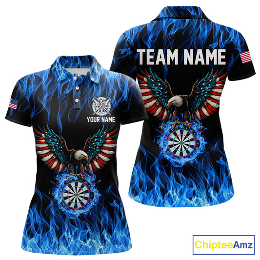 Blue Flaming American Flag Eagle Darts Shirt For Women Custom Darts Jersey Team Polo & 1/4 Zip TDM5941