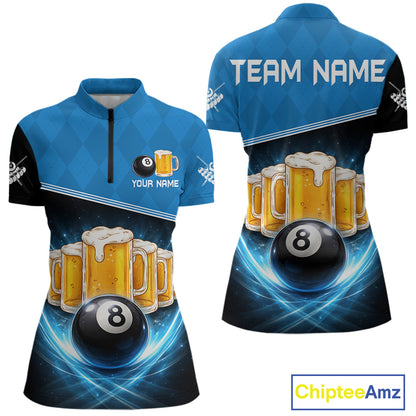 Black And Blue Funny Beer 8 Ball Billiard Jersey For Women Custom Pool Team Shirt Polo & 1/4 Zip TDM5942