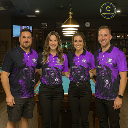 Purple Grim Reaper 8 Ball Billiard Shirt For Men Custom Skull Pool Team Jersey Polo & 1/4 Zip TDM6104