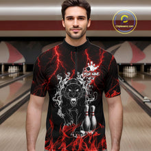 Load image into Gallery viewer, Man wearing a red flaming panther bowling quarter zip jersey during league competition front view.