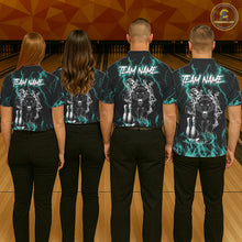 Load image into Gallery viewer, Back view of bowling team wearing matching turquoise panther bowling shirts in a bowling alley.