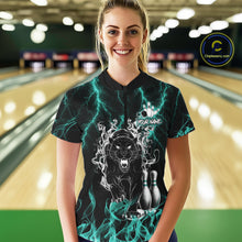 Load image into Gallery viewer, Woman wearing a turquoise flaming panther bowling quarter zip jersey during league competition front view.