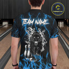 Load image into Gallery viewer, Back view of man wearing a blue flaming panther bowling polo shirt inside a bowling alley.