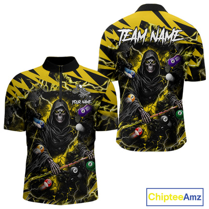 Yellow Grim Reaper lightning 8 ball pool billiard team jersey quarter zip shirt for men featuring yellow lightning Grim Reaper graphics, premium custom billiard apparel.