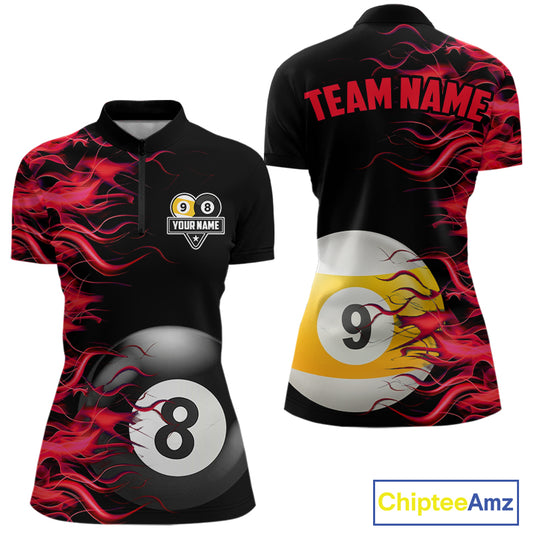 Red Flaming 8 Ball & 9 Ball Billiard Shirt For Women Custom Pool Team Jersey Polo & Quarter Zip TDM5481