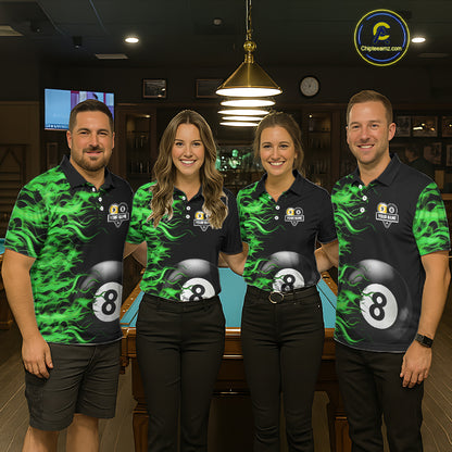 Green Flaming 8 Ball & 9 Ball Billiard Shirt For Women Custom Pool Team Jersey Polo & 1/4 Zip TDM5482