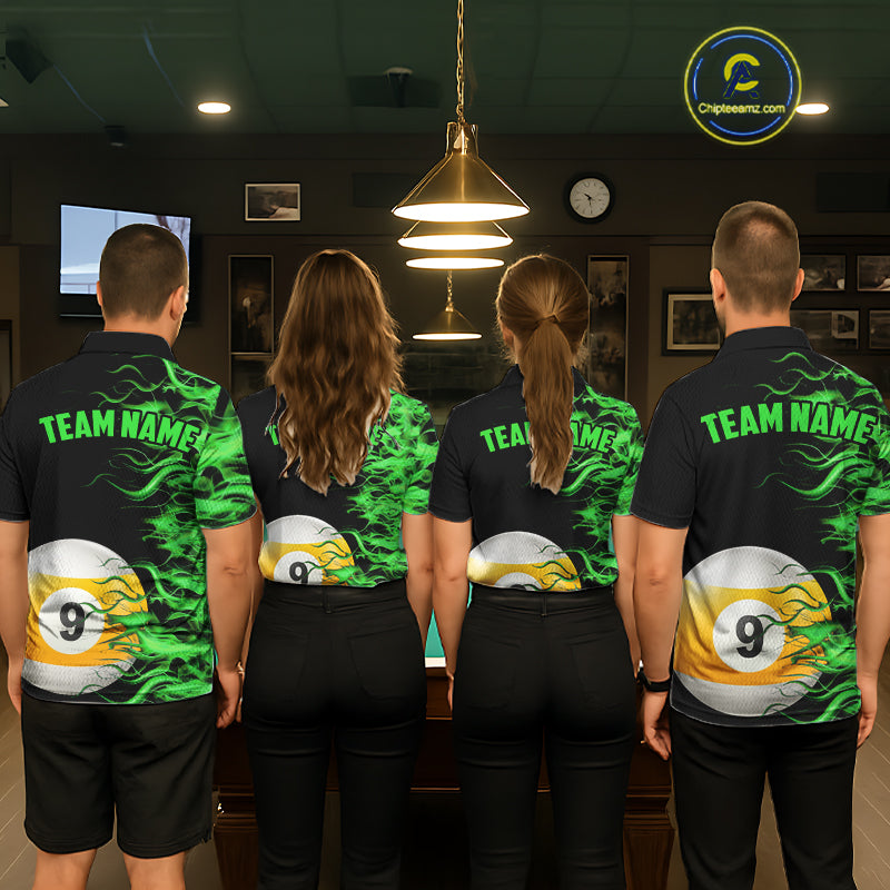Green Flaming 8 Ball & 9 Ball Billiard Shirt For Women Custom Pool Team Jersey Polo & 1/4 Zip TDM5482