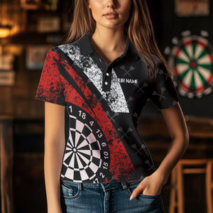 Black And Red Grunge Darts Polo & Quarter Zip Custom Darts Shirts For Women, Best Darts Team Jerseys TDM3447