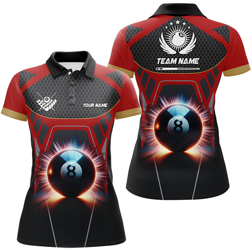 Personalized Glowing 8 Ball Pool Billiard Women Polo Shirts Custom 3D Billiards Sport Jerseys | Red TDM1475