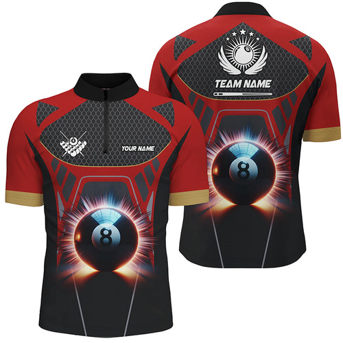 Glowing 8 Ball Pool Billiard Men Quarter-Zip Shirts Custom 3D Billiard Sport Jersey | Red TDM1475