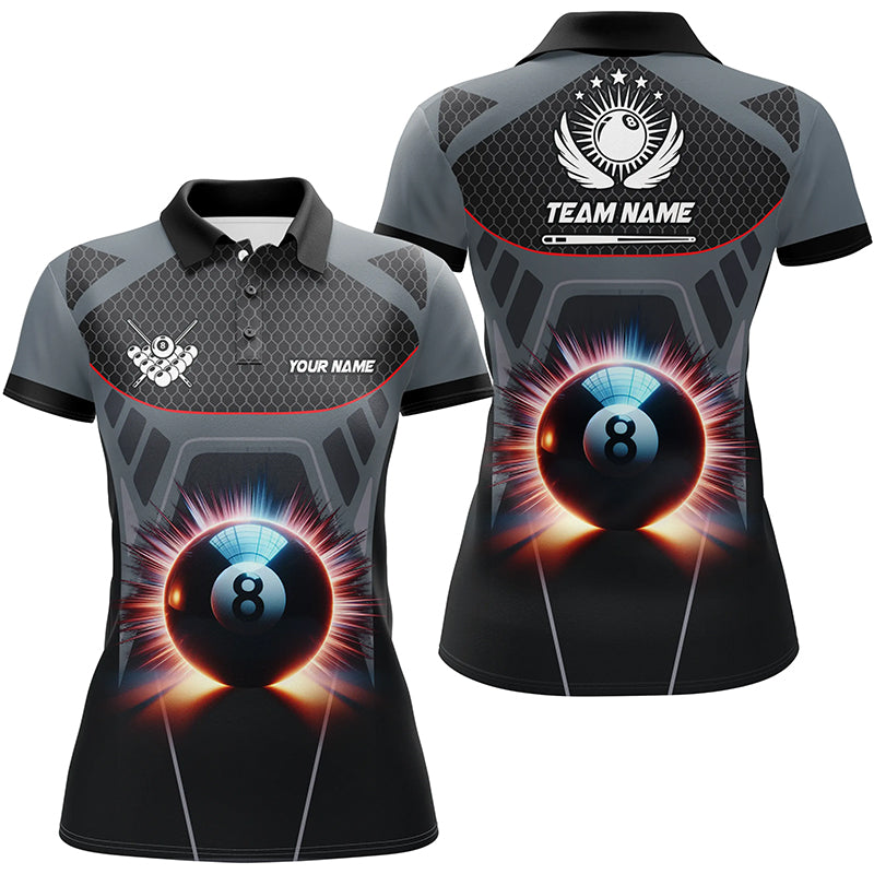 Personalized Glowing 8 Ball Pool Billiard Women Polo Shirts Custom 3D Billiards Sport Jerseys | Grey TDM1476