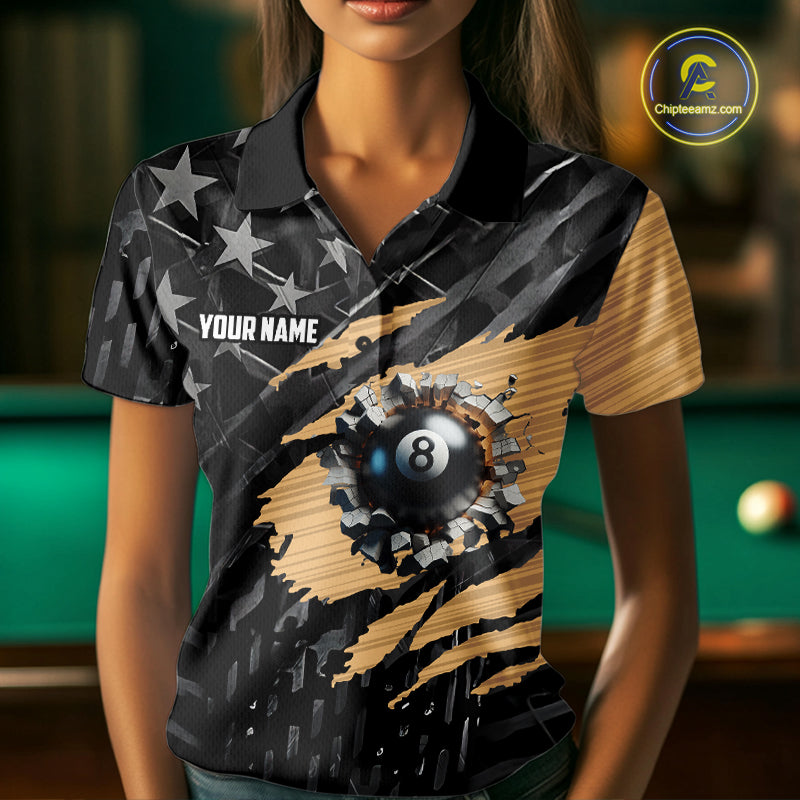 Black American Flag 8 Ball Billiard Shirt For Women Custom Billiard Team Jersey Polo & 1/4 Zip |Tan TDM6535