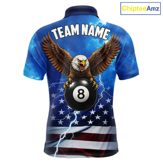 Blue Lightning American Flag Eagle Billiard Shirts For Men Custom 8 Ball Pool Jersey Polo, 1/4 Zip TDM6538