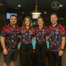 Load image into Gallery viewer, Pool team wearing matching red grim reaper lightning 8 ball billiard jerseys during tournament competition front view.