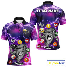 Load image into Gallery viewer, Purple 8 ball and 9 ball tornado billiard polo shirt for men with custom pool team graphics.