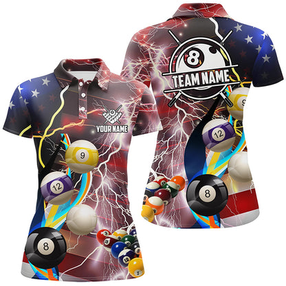 Personalized Billiard Balls American Flag Lightning Women Billiard Shirts, Patriotic Billiard Jerseys TDM2043