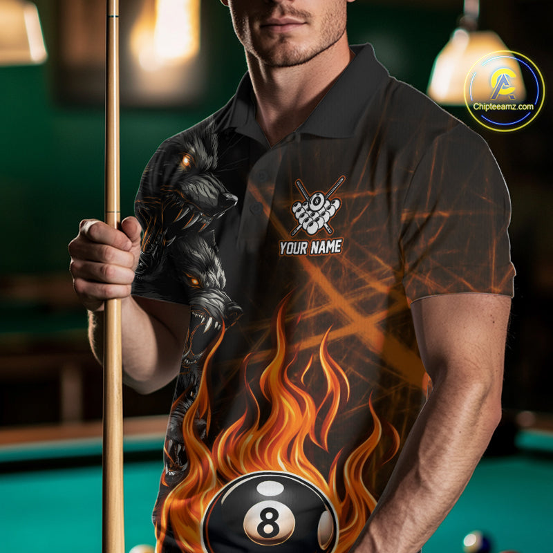 Man Wearing Personalized Orange Wolf Flaming 8 Ball Pool Fire Billiard Shirt, Front View