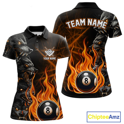 Custom Orange Wolf Flaming 8 Ball Pool Fire Polo Shirt Created for Personalized Women's Billiard Team Jerseys and Tournament Play