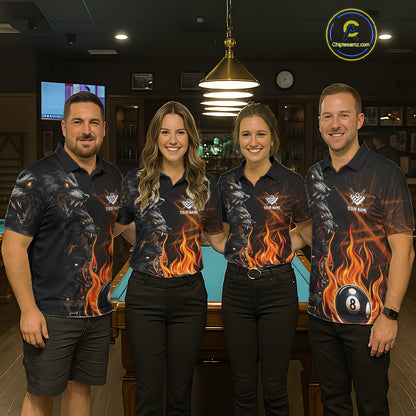 Pool Team Wearing Personalized Orange Wolf Flaming 8 Ball Pool Fire Billiard Jerseys, Front View