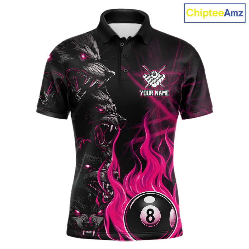 Personalized Pink Wolf Flaming 8 Ball Pool Fire Billiard Polo Shirt for League Team Players