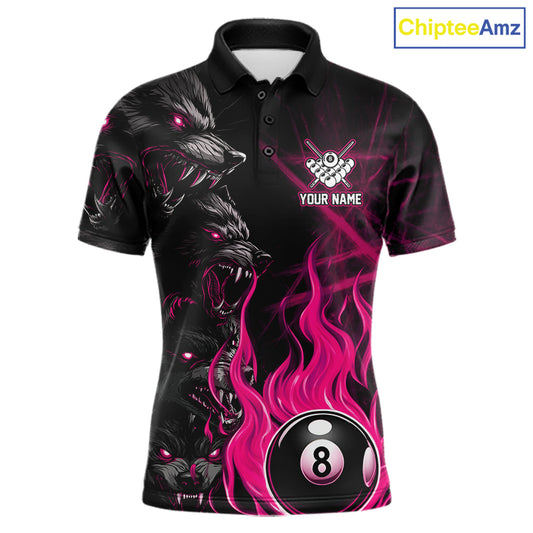 Personalized Pink Wolf Flaming 8 Ball Pool Fire Billiard Polo Shirt for League Team Players