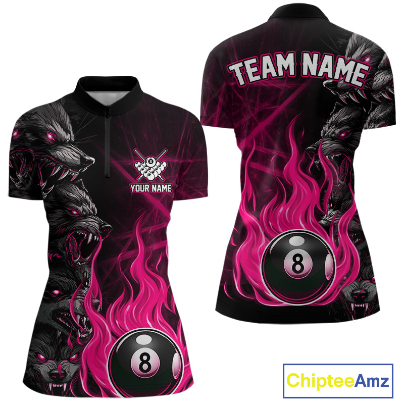 Personalized Pink Wolf Flaming 8 Ball Pool Fire Quarter Zip Billiard Shirt for Women's Pool Teams with Athletic Performance Design