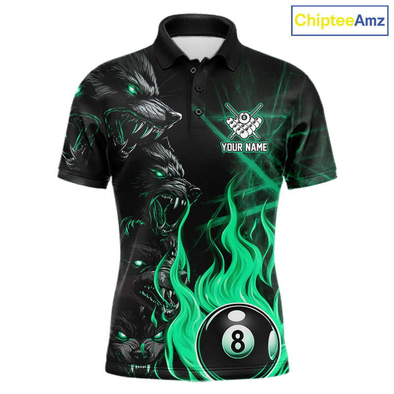 Custom Turquoise Wolf Flaming 8 Ball Pool Fire Billiard Polo Shirt for Team League Players