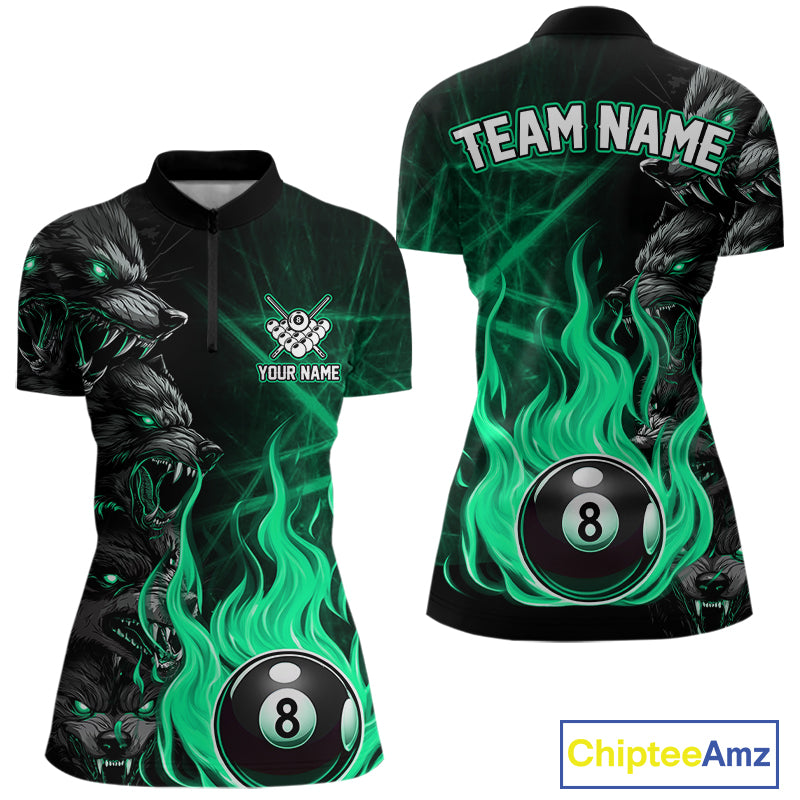 Custom Turquoise Wolf Flaming 8 Ball Pool Fire Quarter Zip Billiard Shirt for Women's Pool League Teams with Athletic Style