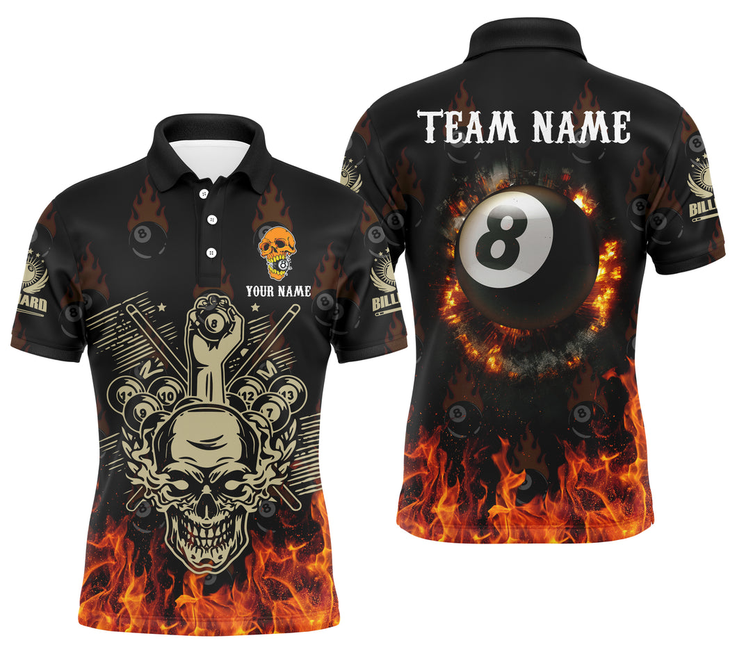 Personalized Billiard Skull 8 Ball Pool Fire Polo Shirts For Men Custom Ball 8 Billiard Shirts TDM0130