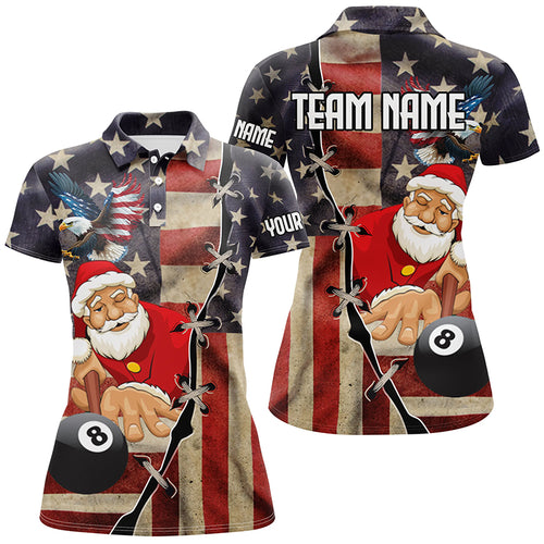 Funny Christmas Santa And Billiard Custom Us Flag Women Polo Shirts, Patriotic Women Christmas Shirts TDM0602