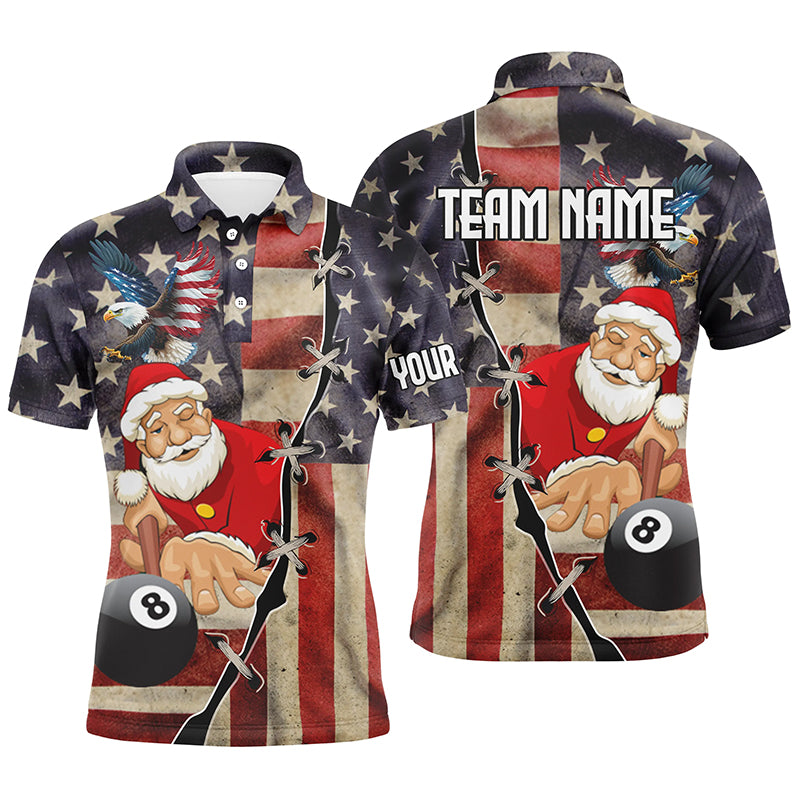 Funny Christmas Santa And Billiard Custom Us Flag Men Polo Shirts, Patriotic Women Christmas Shirts TDM0602