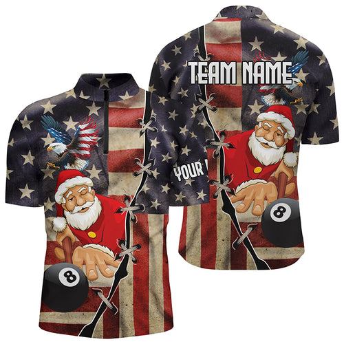 Funny Christmas Santa Playing Billiard Custom Us Flag Men Quarter-Zip Shirts For Patriot TDM0602