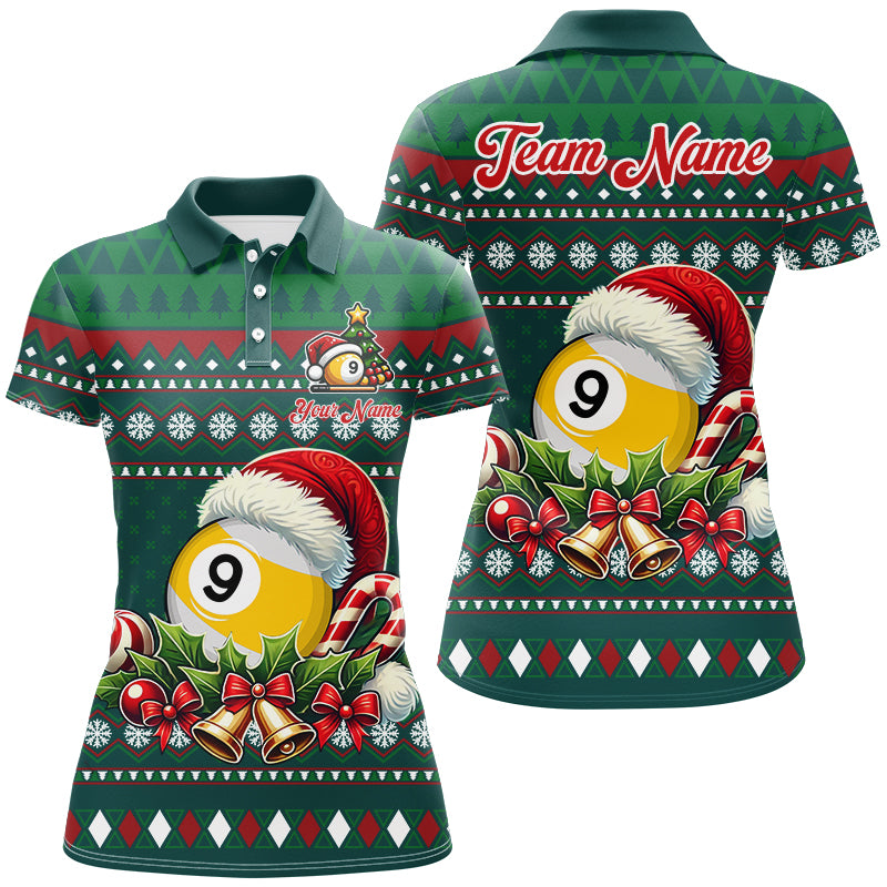 Funny Green Christmas Santa 9 Ball Pool Billiard Shirts For Women Custom Xmas Billiard Jerseys TDM3013