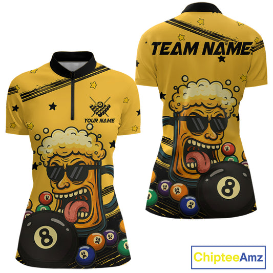 Personalized Yellow Black Funny Beer 8 Ball Billiard Shirt For Women Custom Pool Team Jersey TDM5236